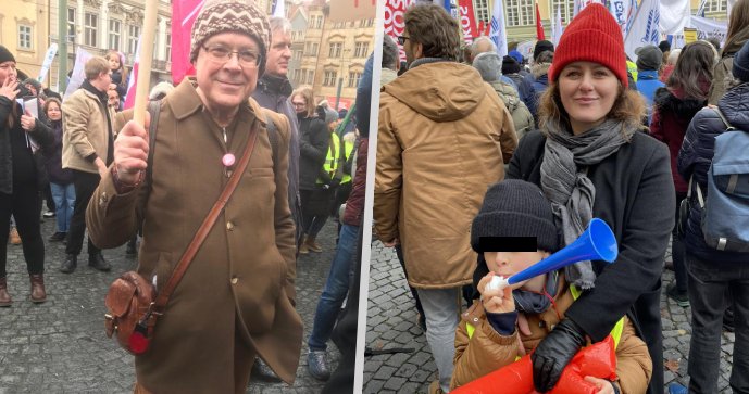 Protestující Česko: „Budeme stávkovat dál,“ hrozí Středula. Špidla přišel ve zmijovce, Maláčová se synem.