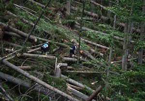 Některé turistické trasy v jižní části Národního parku Šumava zůstávají, po bouřce a silném větru z noci na sobotu 19. srpna, nepřístupné. Jedná se například o úseky Nové Údolí - Třístoličník - Plechý, Schwarzenberský plavební kanál - Plešné jezero - Jelení Vrchy nebo cyklotrasy v okolí Jeleních Vrchů a Stožce. Na snímku z 21. srpna cyklisté projíždí kolem polomů u cesty kolem Schwarzenberského kanálu u Jeleních Vrchů.