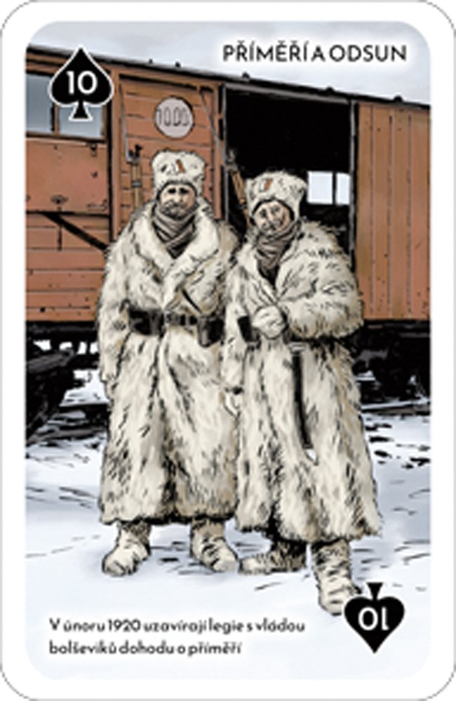 Sada Whooshback! Československé legie Rusko obsahuje 108 karet, velký oboustranný plakát a příručku s texty ke všem kartám