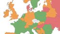 Cestovní mapa znázorňující podle barev rizikové země kvůli pandemii covidu.