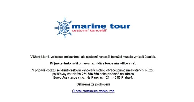 Cestovní kancelář Marine Tour na webu informuje o svém krachu. Ještě ve čtvrtek tu prodávala zájezdy.