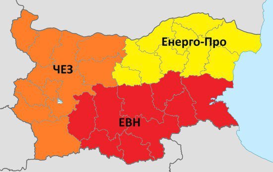 Rozložení energetických operátorů v Bulharsku: ČEZ - západ, Energo-Pro - severovýchod, EVN - jihovýchod