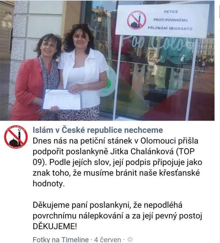 Jitka Chalánková na Facebooku hnutí Islám v ČR nechceme