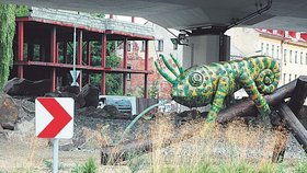 Chameleon je zasazen mezi hromadu kamení, písku a vysokou trávu. Působí vskutku věrohodně.