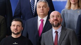 Volodymyr Zelenskyj, Viktor Orbán a Charles Michel v Bruselu (9.2.2023)