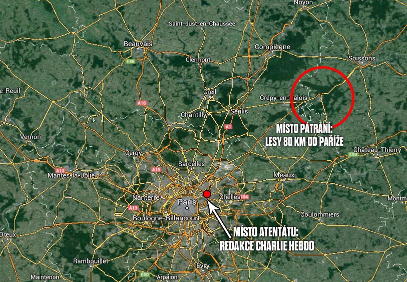 Pátrání po teroristech, vraždících v redakci Charlie Hebdo, pokračuje: Policisté se zaměřili na oblast 80 km od Paříže.