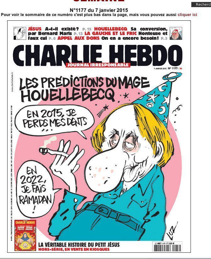 Dnešní titulka týdeníku Charlie Hebdo, na které je karikatura francouzského spisovatele Michela Houellebecqa