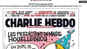 Dnešní titulka týdeníku Charlie Hebdo, na které je karikatura francouzského spisovatele Michela Houellebecqa