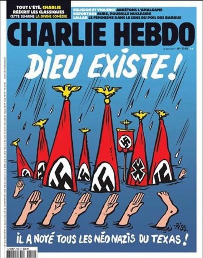 Oběti hurikánu v USA jako neonacisté na obálce Charlie Hebdo.