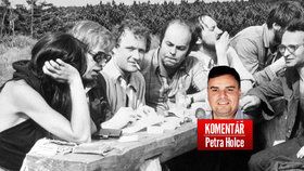Setkání disidentů v roce 1978. Zleva: Marta Kubišová, Václav Havel, Adam Michnik, Jacek Kuroň. A komentátor Petr Holec.