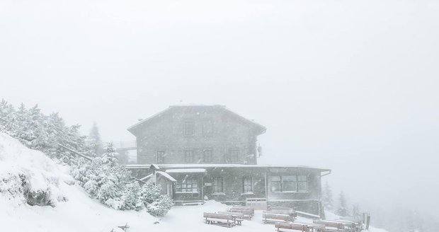 Chata Jiřího na Šeberu hlásí sněhovou pokrývku.