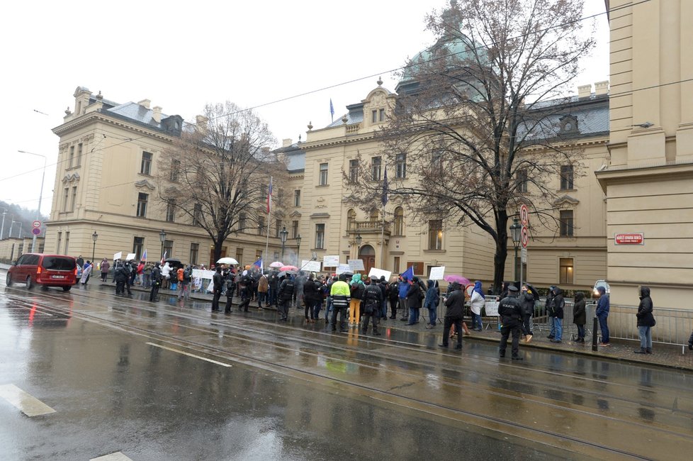 Zástupci a příznivci iniciativy Chcípl PES demonstrují před Úřadem vlády ČR (29. 1. 2021)