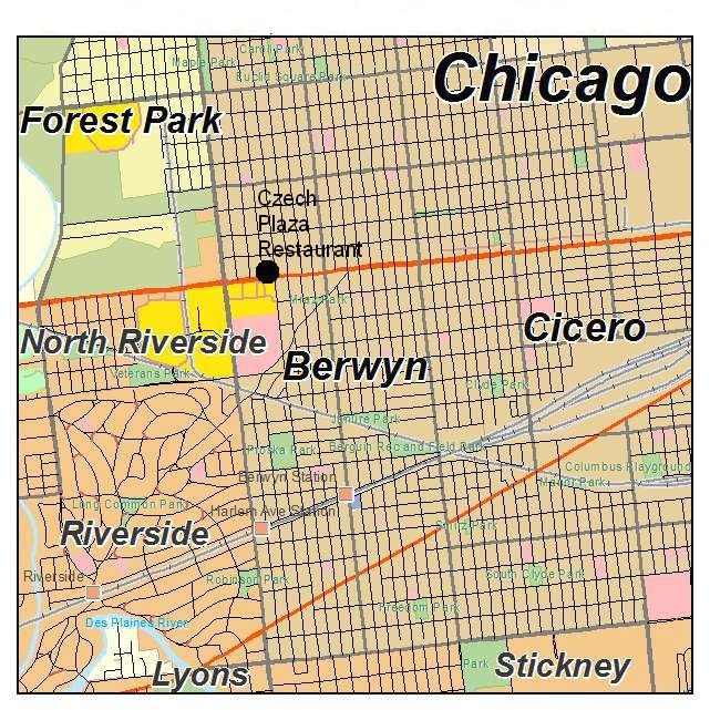 Mapa Chicaga s restaurací Czech Plaza