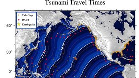 Hodinový graf, jak  by vlna tsunami mohla postupovat Tichých oceánem.