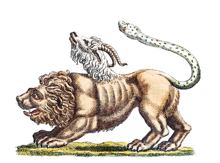 Mytologická chiméra – tříhlavý tvor složený ze tří různých zvířat
