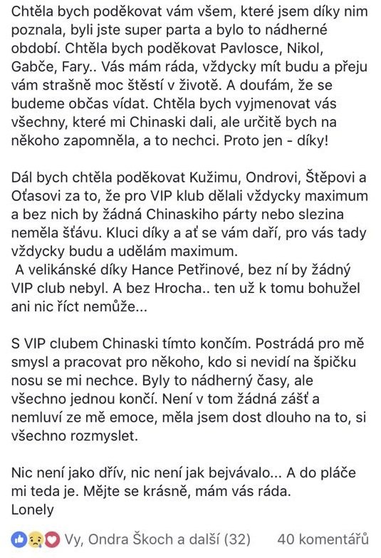 Na vyjádření zakladatelky fanklubu Chinasek na Facebooku zareagoval také jeden z končících členů kapely - Ondřej Śkoch.