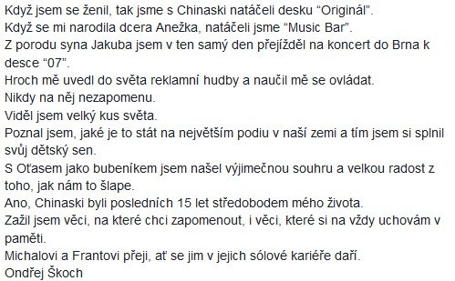 Reakce basového kytaristy Ondřeje Škocha na rozpad kapely Chinaski