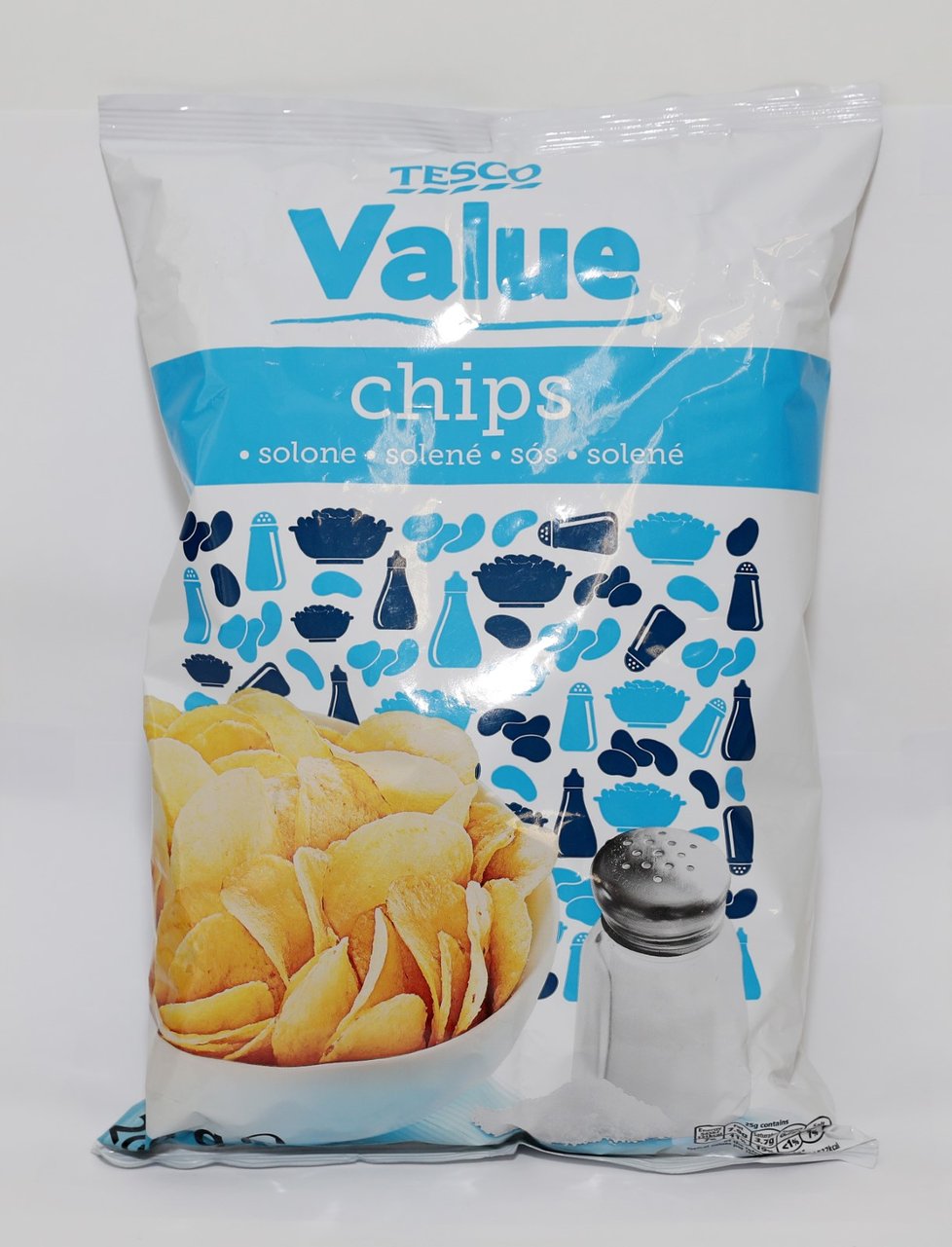 Chutné Tesco Value Chips. Chutné chipsy s výbornou křehkostí. Chuť i vůně byly příjemné, ale méně intenzivní. Byly málo slané a někteří laičtí senzorici poznamenali, že mají opálené okraje.