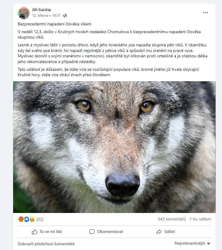 Jiří na facebooku tvrdil, že na Chomutovsku vlk zaútočil na člověka