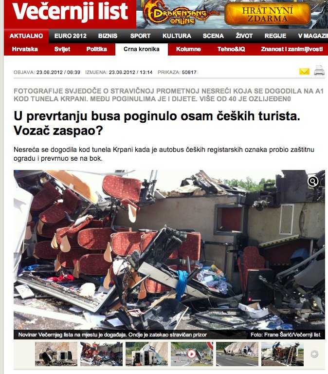Chorvatský server Večernji list přinesl hrůzostrašnou fotografii zničeného autobusu