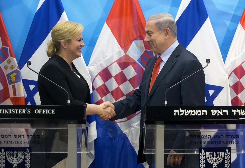 Chorvatská prezidentka Kolinda Grabarová Kitarovičová s izraelským premiérem Netanyahuem