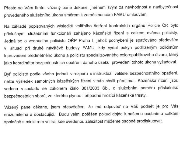 Dopis byl v plném znění zveřejněn na policejním webu