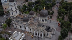 Rozbombardovaný Chrám Proměnění Páně (Preobraženská katedrála) v Oděse (23. 7. 2023).