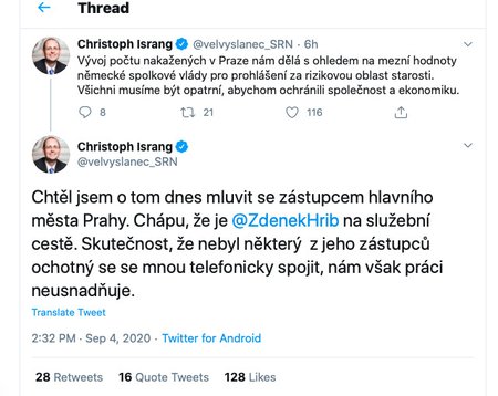 Christoph Israng se opřel do vedení Prahy na twitteru.
