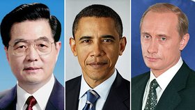 Zleva: Čínský prezident Chu Ťin-tchao, jeho americký protějšek Barack Obama a ruský premiér Vladimir Putin jsou nejmocnější lidé světa.