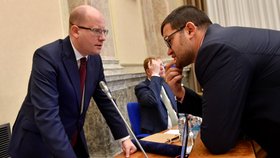 Premiér Bohuslav Sobotka a ministr pro lidská práva, rovné příležitosti a legislativu Jan Chvojka diskutují na schůzi vlády.