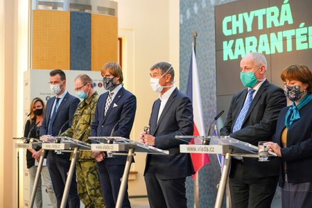 Tisková konference k projektu Chytrá karanténa za účasti Adama Vojtěcha (za ANO), Andreje Babiše (ANO), Romana Prymuly, Jarmily Rážové a plukovníka Šnajdárka. (7. května 2020)