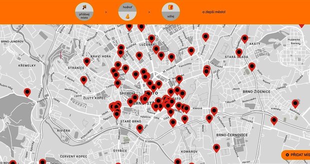 Interaktivní mapa Brna, kam mohou lidé vkládat místa, která jim v Brně voní nebo páchnou, i s komentářem, případně fotografií.