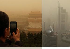 Sever Číny i Peking zahalil oranžový prach a písek z pouště Gobi (15. 03. 2021).