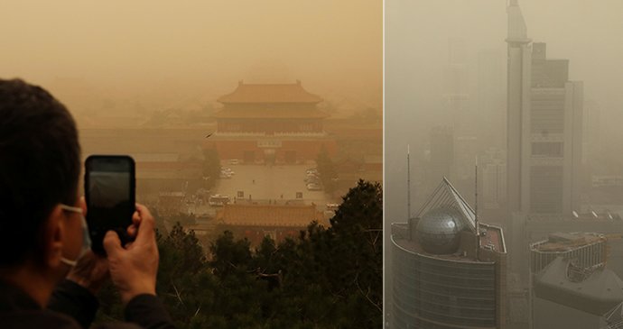 Sever Číny i Peking zahalil oranžový prach a písek z pouště Gobi (15. 03. 2021).