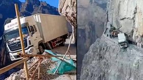 Řidič kamionu v Číně poslouchal GPS a vjel na úzkou silnici. Při couvání dostal smyk a čumák náklaďáku zůstal viset ze srázu!