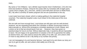Znění otevřeného dopisu, ve kterém Tom Williams žádá britské a kanadské úřady o pomoc ve snaze odcestovat z čínského Wu-chanu.