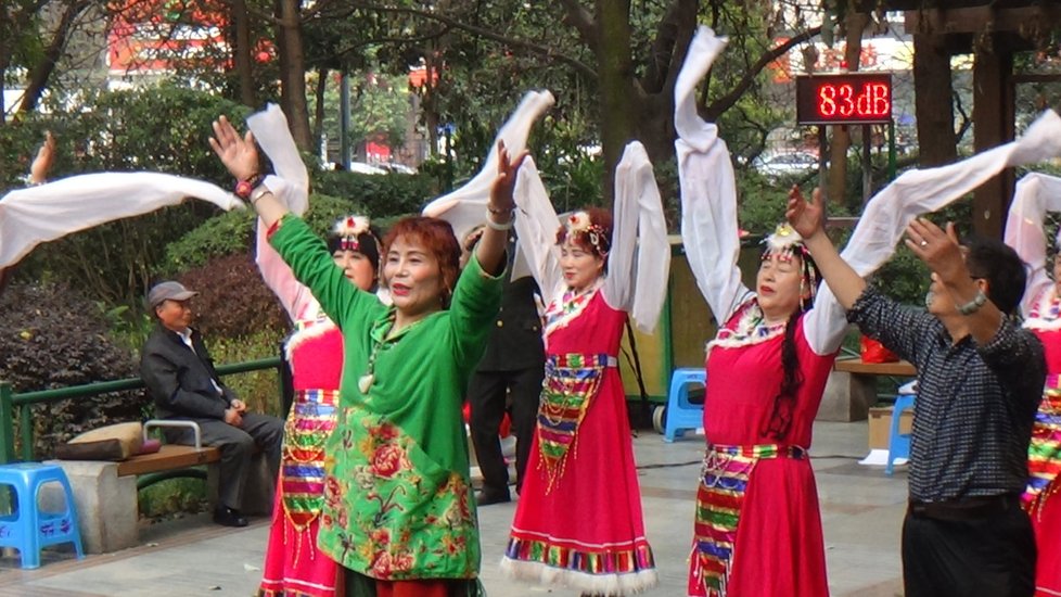 Folklorní sdružení ukazují tance v různých kostýmech a krojích.