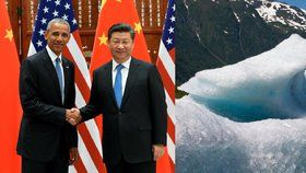 Americký prezident Barack Obama, jeho čínský protějšek Si Ťin-pching a tající ledovec