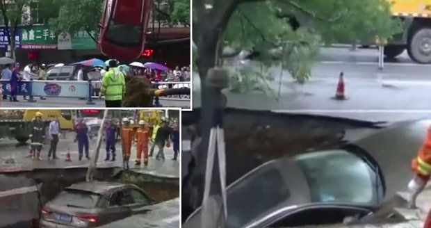 V čínském městě se zničehonic propadla silnice! Obrovská díla pohltila čtyři auta.