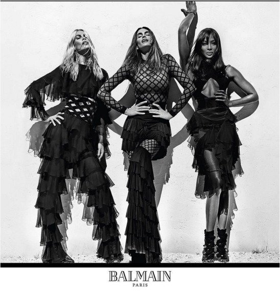 Cindy Crawfordová, Claudia Schifferová a Naomi Campbellová pro Balmain Paris