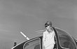 Italská herečka Claudia Cardinale vystupuje z aerotaxi po příletu na Mezinárodní filmový festival v Karlových Varech, 1964.