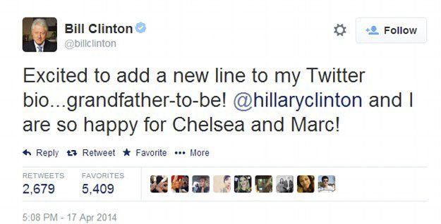 Hrdý nastávající dědeček Bill Clinton oznámil novinu na Twitteru také