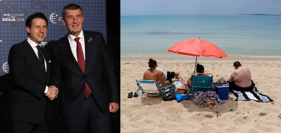 Italský premiér Giuseppe Conte (vlevo), jeho český protějšek Andrej Babiš (ANO) a turisté na Mallorce