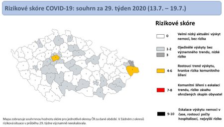 Rizikové skóre covid-19 na území České republiky pro 29. týden 2020
