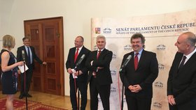 Tisková konference senátorů ČSSD: Do vlády s ANO nechceme. Zleva: Jiří Dienstbier, Petr Vícha, Milan Štěch, Vladimír Plaček a Pavel Štohl.