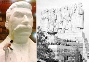Replika Stalinovy hlavy a původní pomník na Letné
