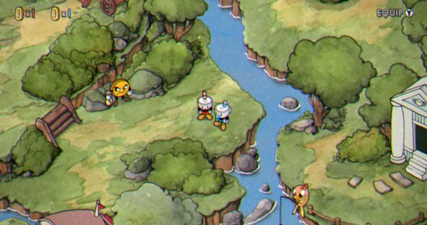 Cuphead a Mugman se pohybují na mapě a vybírají si levely.