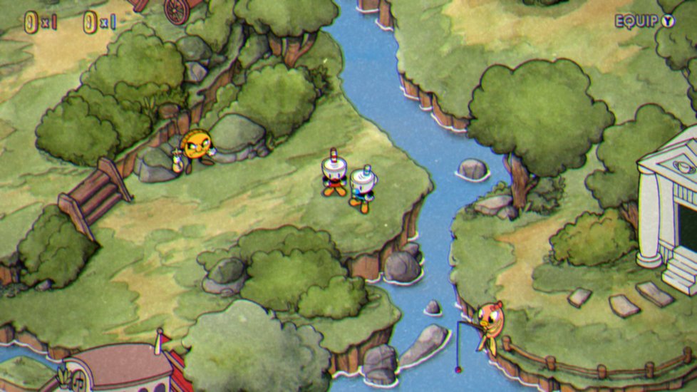 Cuphead a Mugman se pohybují na mapě a vybírají si levely.