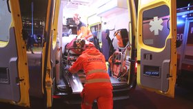 Záchranáři poskytují pomoc zraněným návštěvníků rockového koncertu na brněnském výstavišti.