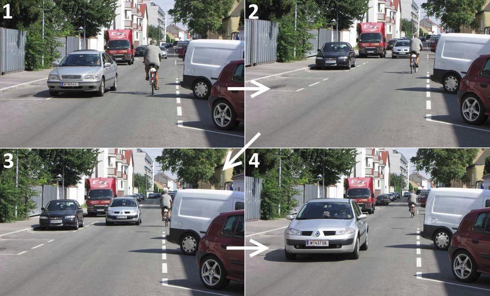 Schéma spolku Auto*Mat: Cyklista se protijedoucímu autu podle jeho argumentů bez problému vyhne.